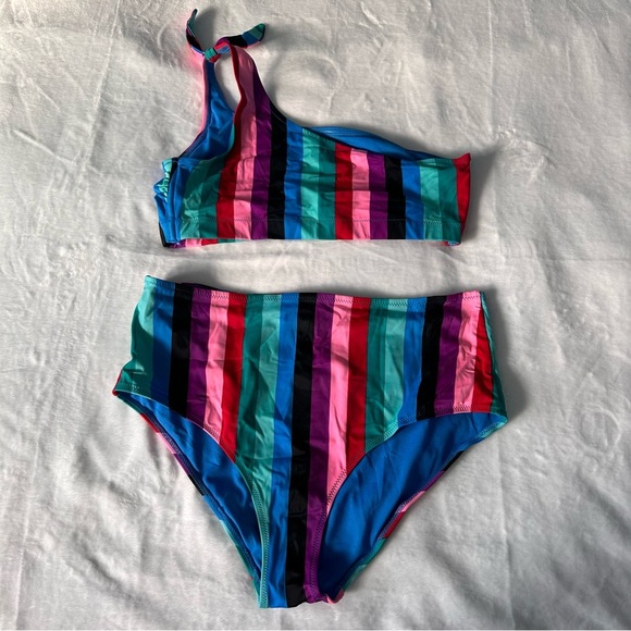 Old Navy Other - Old Navy Striped Bikini One Shoulder High Waist Rainbow Top XL Bottom Large